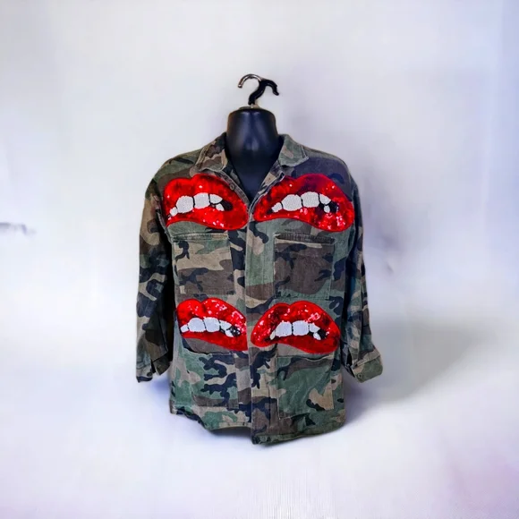 Jackets Coats Camouflage Sequin Red Lips Coat Size Lblkolive